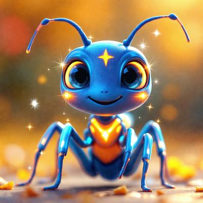 The primary subject of the image is a blue and yellow cartoon insect, likely a grasshopper, with a star on its head. The insect is standing on a surface with a yellow background. The visual style of the image is digital art, as it appears to be a computer-generated or digitally illustrated scene. The colors and mood of the image are vibrant and cheerful, with the blue and yellow colors of the insect and the yellow background creating a lively atmosphere.